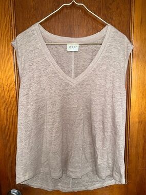 WRAP London 100% Linen Sheer Jersey Tank V-Neck light taupe Large US 12